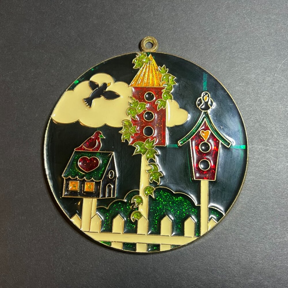 Vintage Poly Resin Green Red & Cream Birds & Birdhouse Suncatcher Ornament 4.58"